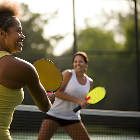 Two women playing pickleball outdoors smiling and holding paddles on a sunny day.