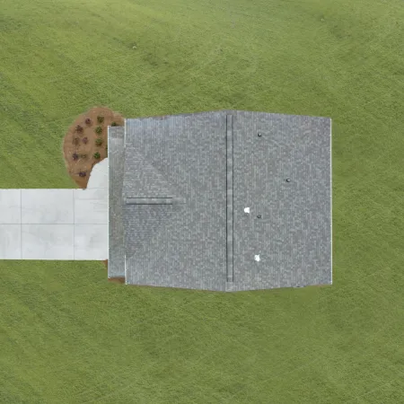 Aerial view of a modern home with a well-maintained lawn and concrete pathway.