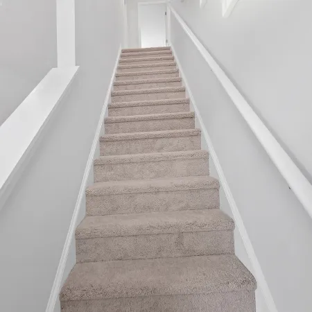 Light and airy carpeted staircase leading to a bright hallway with framed art.