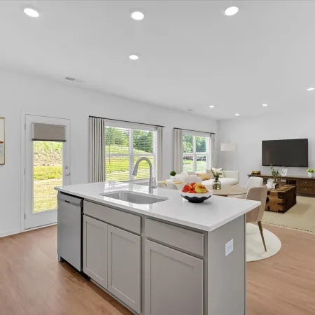 Modern open-concept kitchen and living room with natural lighting and stylish decor.