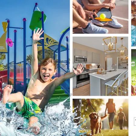 Collage showing kids playing in water, swimming, blowing bubbles, a modern kitchen, pickleball, and a family walking a dog outdoors.