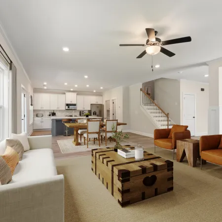 a living room with a large staircase