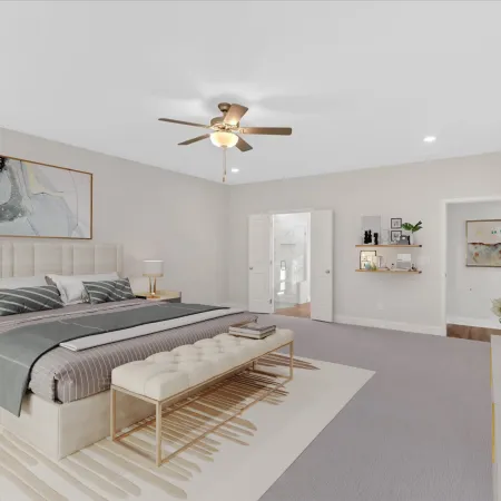 Modern bedroom design featuring neutral tones, stylish decor, and elegant furnishings.