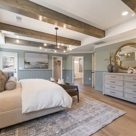 a bedroom with a large bed