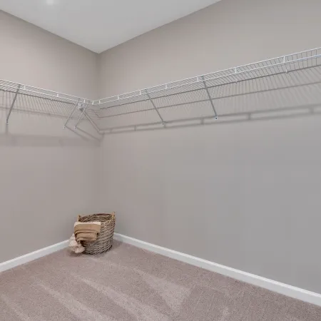 Empty closet with wire shelving and a basket on the carpet.