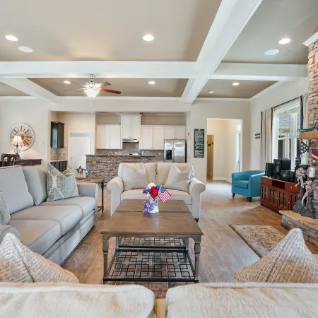 a living room with a fireplace