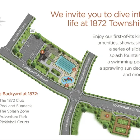 Illustrated map of 1872 Township showing amenities including pool, splash zone, tennis courts, and clubhouse near intersecting roads.