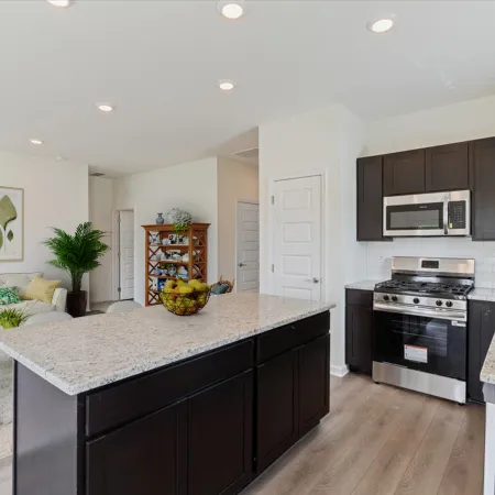 Bright modern kitchen with dark cabinets, granite island, stainless steel appliances, and cozy living area with green accents.