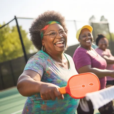Happy women playing pickleball outdoors on a sunny day holding bright paddles by the net