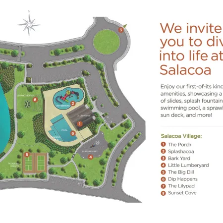 Map of Salacoa Village showing amenities like waterpark, pool, playground, tennis courts, lake, and amphitheater.