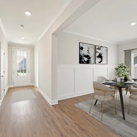 a dining room with a wood floor