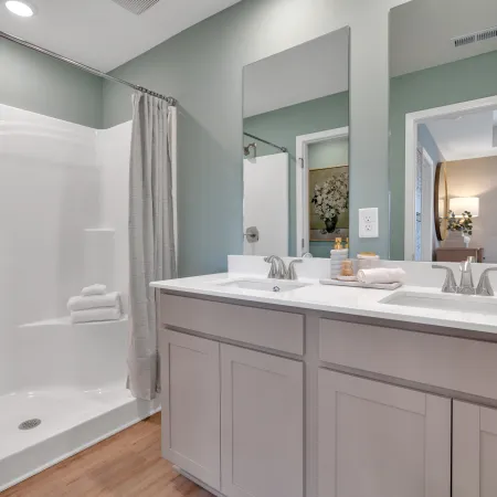 Bright and modern bathroom featuring a spacious shower, dual sinks, and light green walls.