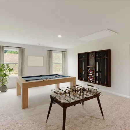 Bright game room with pool table, foosball table, wall-mounted cue rack, and large windows with curtains