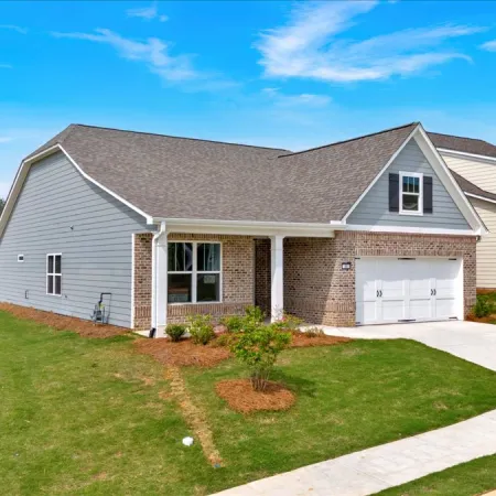 Modern single-story house with gray siding, brick facade, two-car garage, and landscaped front yard on a sunny day.