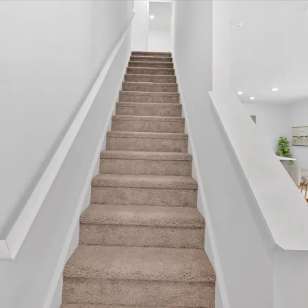 A carpeted staircase leading to a bright and airy upper level of a modern home.