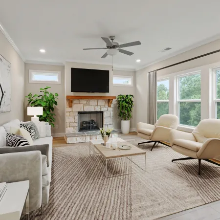 a living room with a fireplace