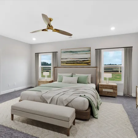 Modern bedroom with king-size bed, bench, ceiling fan, two windows, art pieces, and bedside lamps in neutral tones