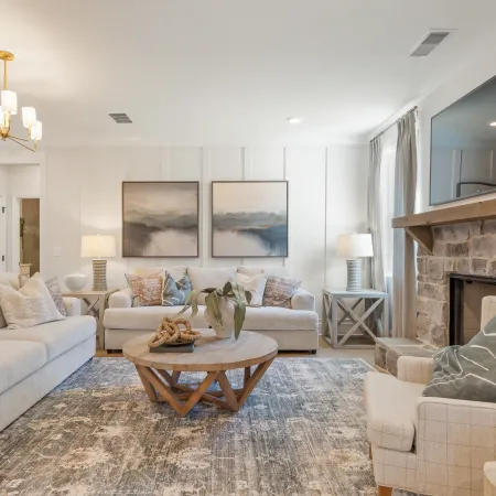 a living room with a fireplace