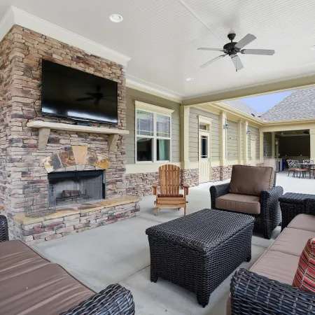 a living room with a fireplace