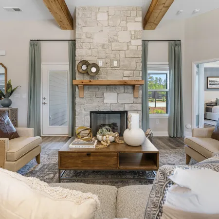 a living room with a fireplace