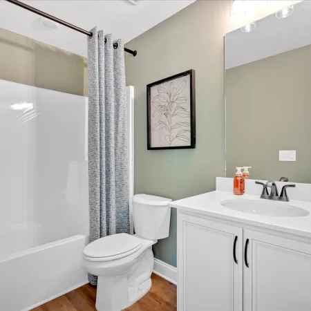 Modern bathroom with white vanity, toilet, bathtub with shower, patterned shower curtain, and plant vase