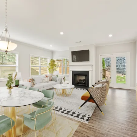 a living room with a fireplace