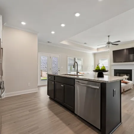 a kitchen with black appliances