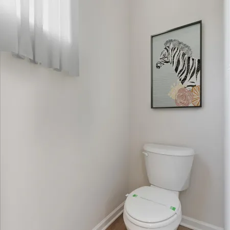 Small white bathroom with a toilet, wood floor, sheer curtain, and zebra wall art in a narrow corner.
