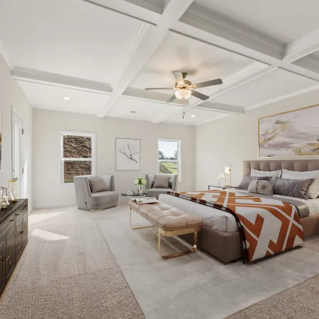 a large living room with a large ceiling fan