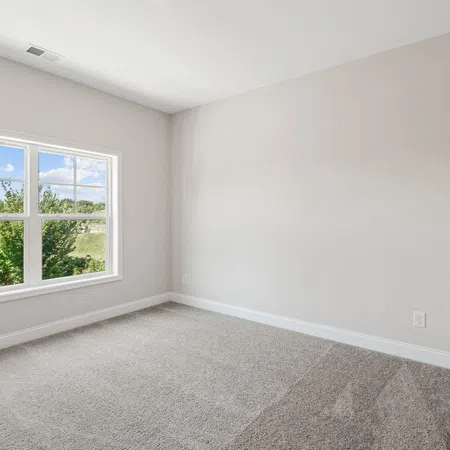 Empty bright room with gray carpet, white walls, large window showing green trees and blue sky outside.