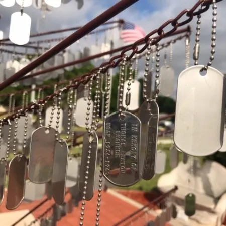 Rows of military dog tags hanging on chains outdoors with a blurred American flag in the background