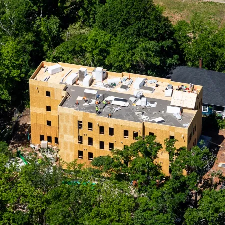 a building surrounded by trees