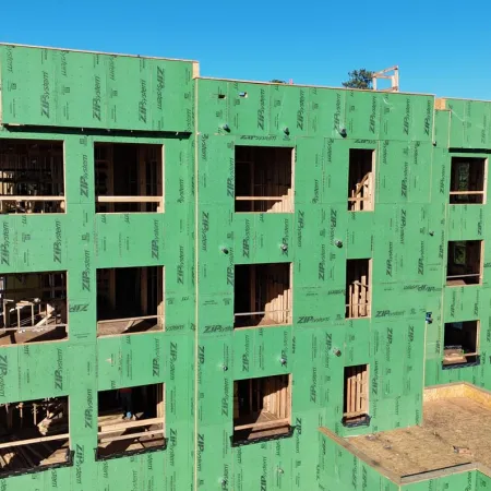 a green building with windows