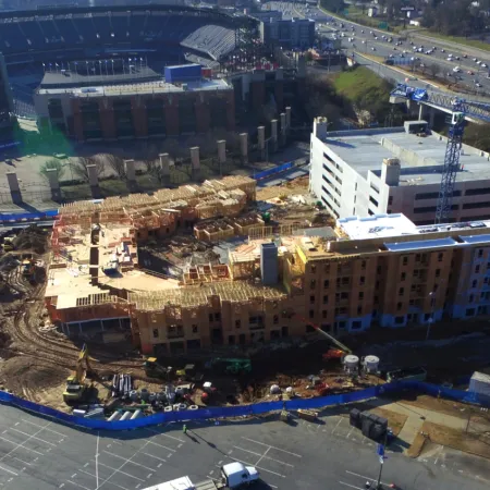 a large building with a parking lot