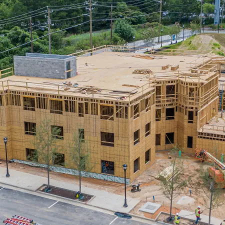 a building with a parking lot