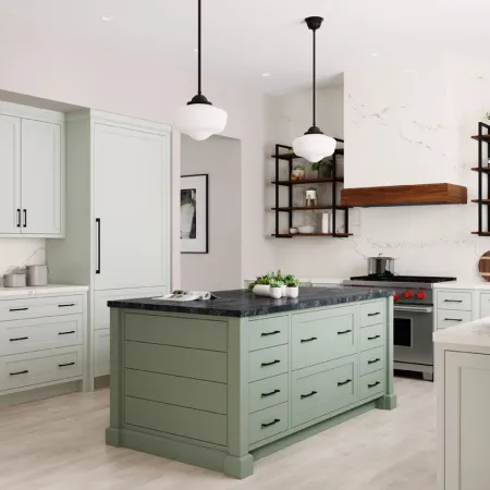 a kitchen with white cabinets