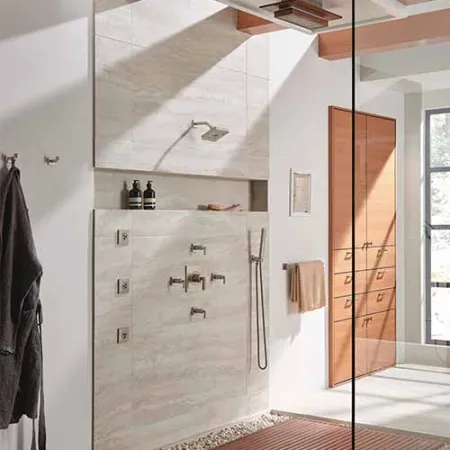 a shower with a glass door