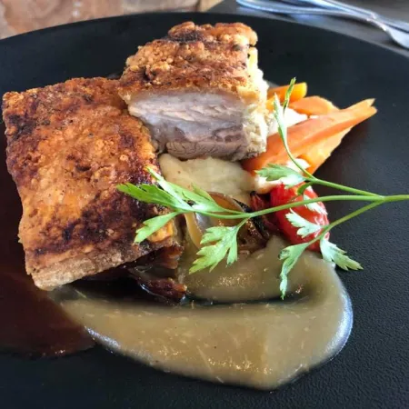 Crispy roasted pork belly served with vegetable puree, carrots, and fresh herb garnish on a black plate
