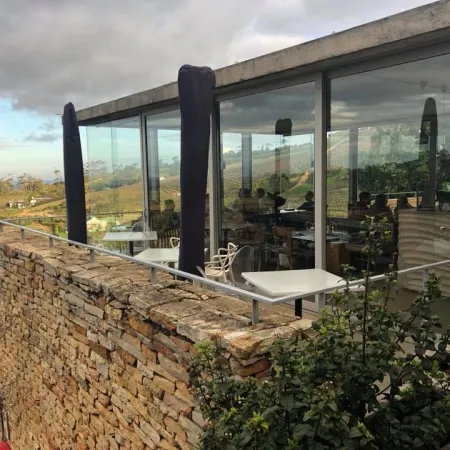 Modern glass-walled cafe with outdoor seating overlooking a stone wall and expansive vineyard landscape.