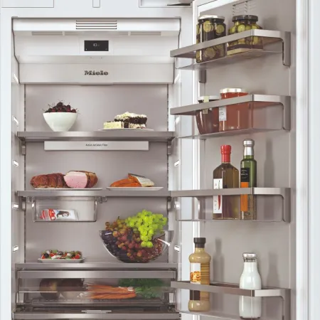 a refrigerator with food and drinks