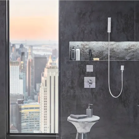 a bathroom with a large window
