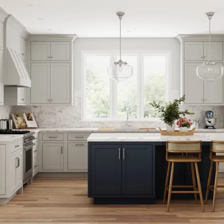 a kitchen with white cabinets