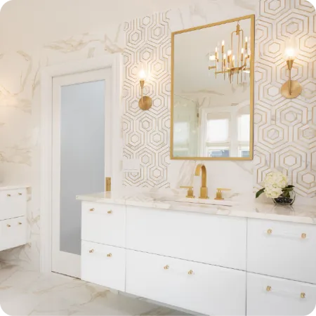 a bathroom with a large mirror