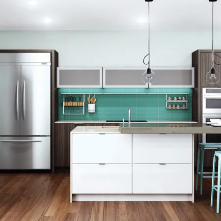 a kitchen with a refrigerator and stools