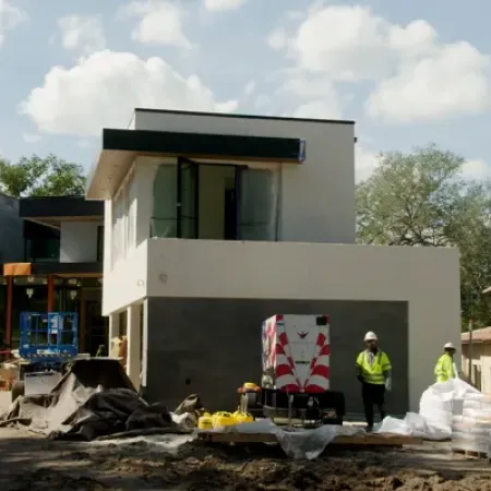 Modern two-story house under construction with workers, construction materials, and clear sky in a residential area.