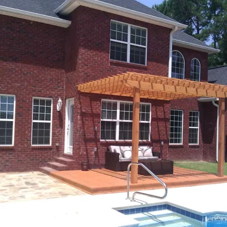 a brick building with a deck