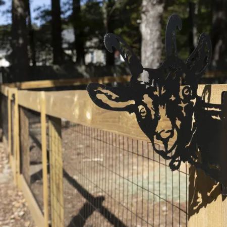 a wooden fence with a statue on it