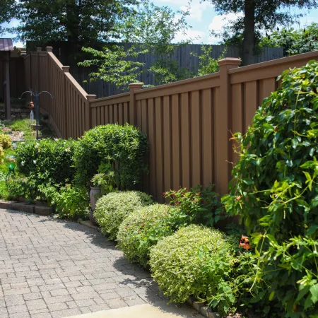 Sunny backyard path with brown wooden fence and neatly trimmed green shrubs along paved walkway.