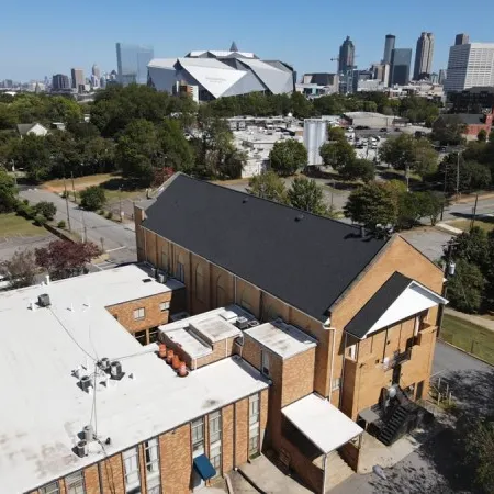 a high angle view of buildings and trees