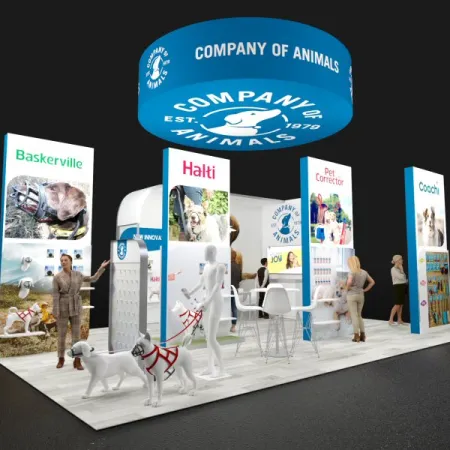 Company of Animals trade show booth with banners for Baskerville, Halti, Pet Corrector, and Coachi pet products.
